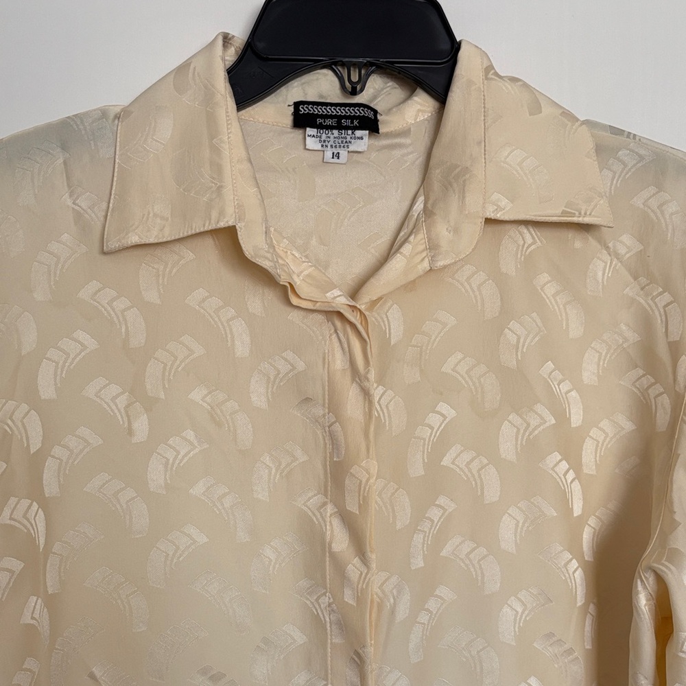 Vintage Pure Silk Champagne Blouse Art Deco Jacquard Button Front 14 Old Money - Picture 6 of 13